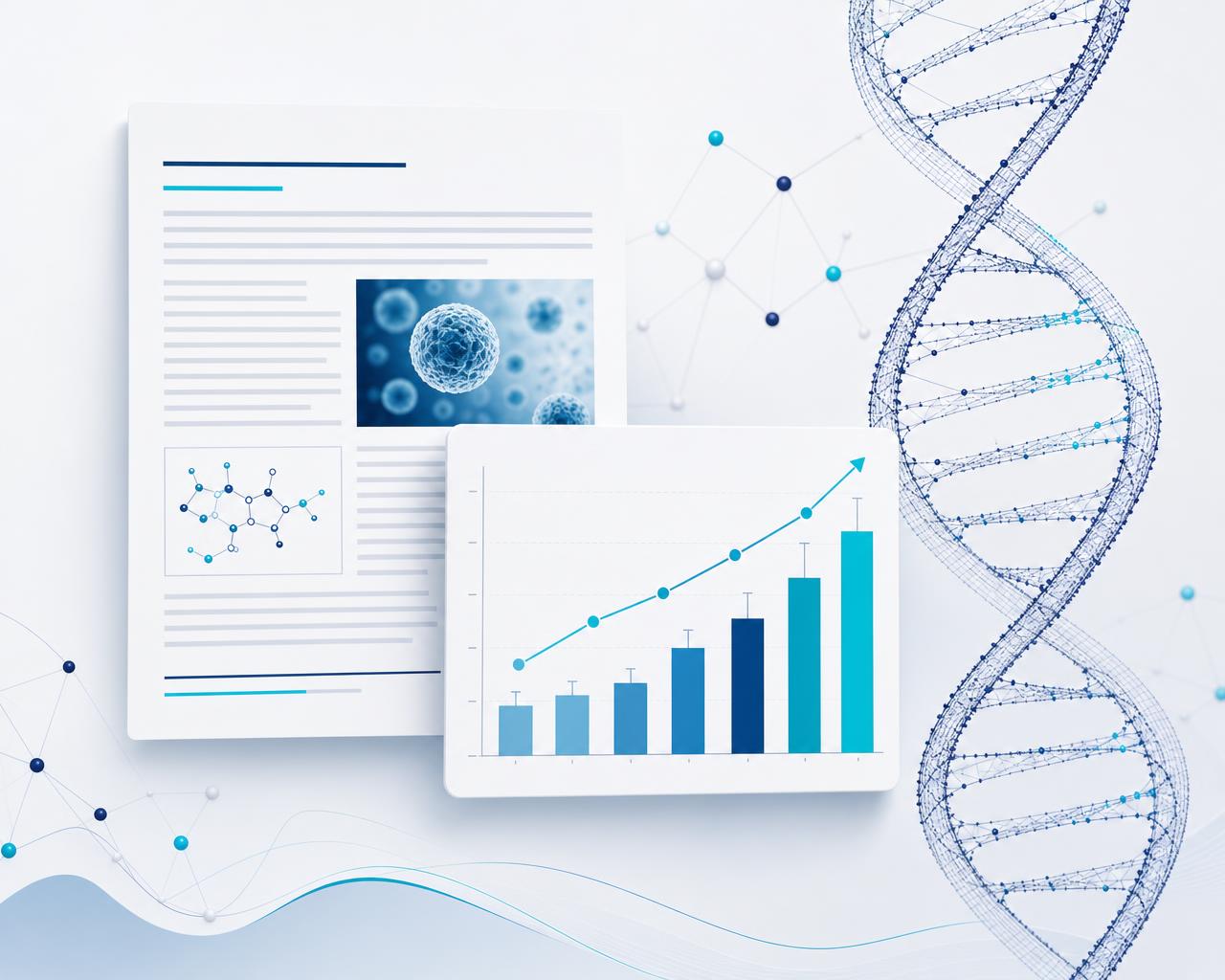 Medical manuscript and clinical data visualisation alongside a DNA double helix